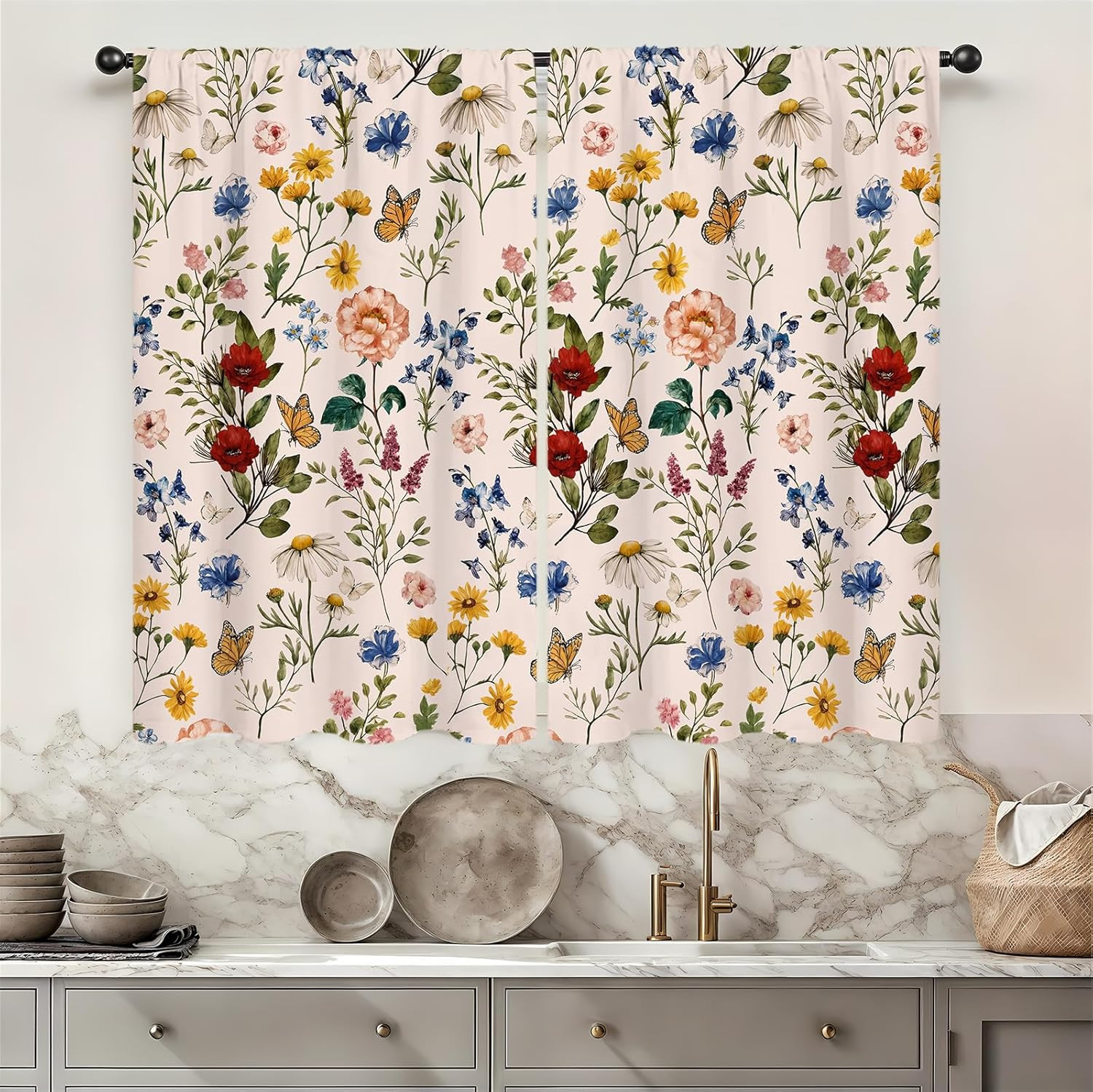 Vintage Floral Kitchen Curtains 27.5W X 39L Inch 2 Panels Farmhouse Flower Cotta