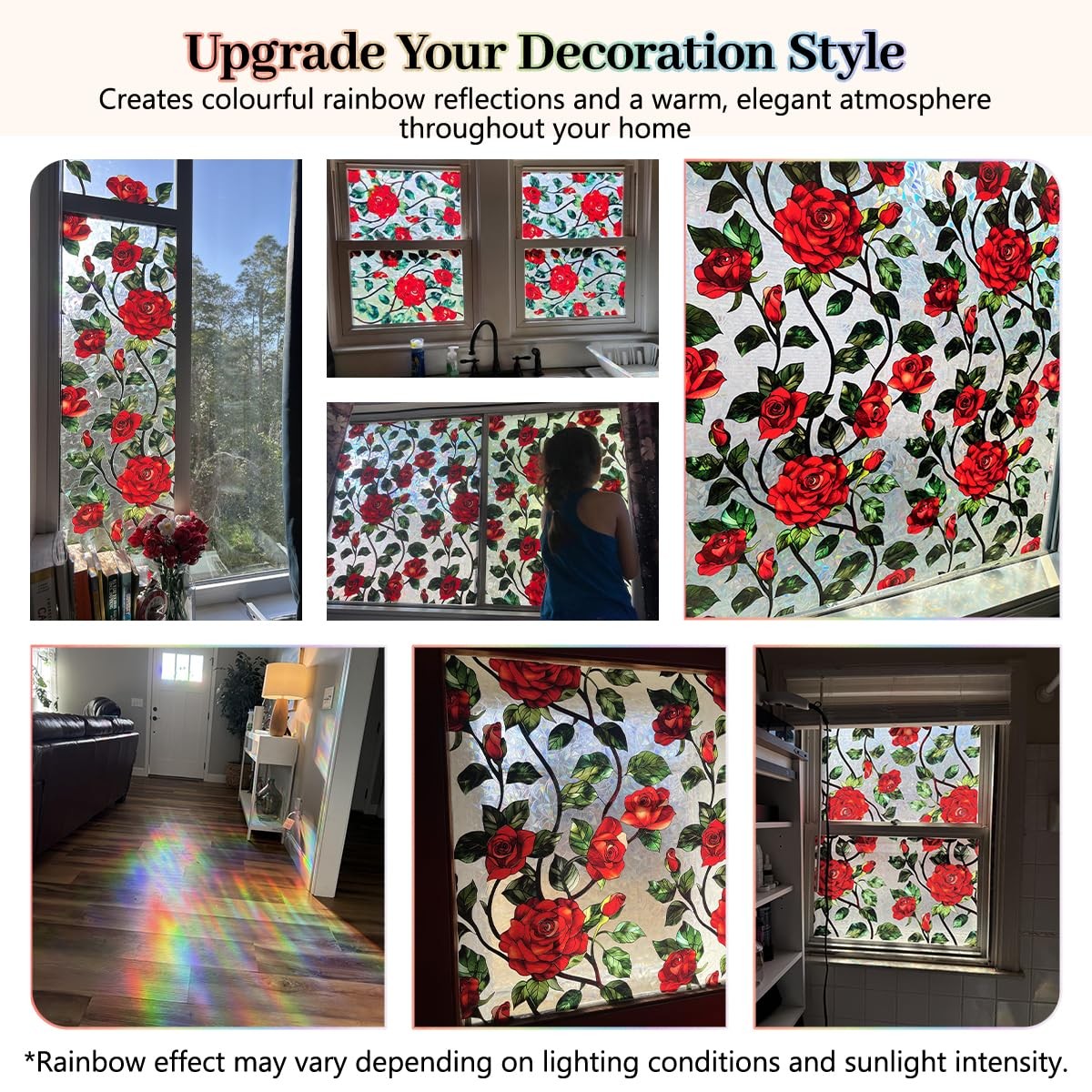 Stained Glass Window Film 29.5 x 78.7 in, Red Rose Floral Decorative Window P…