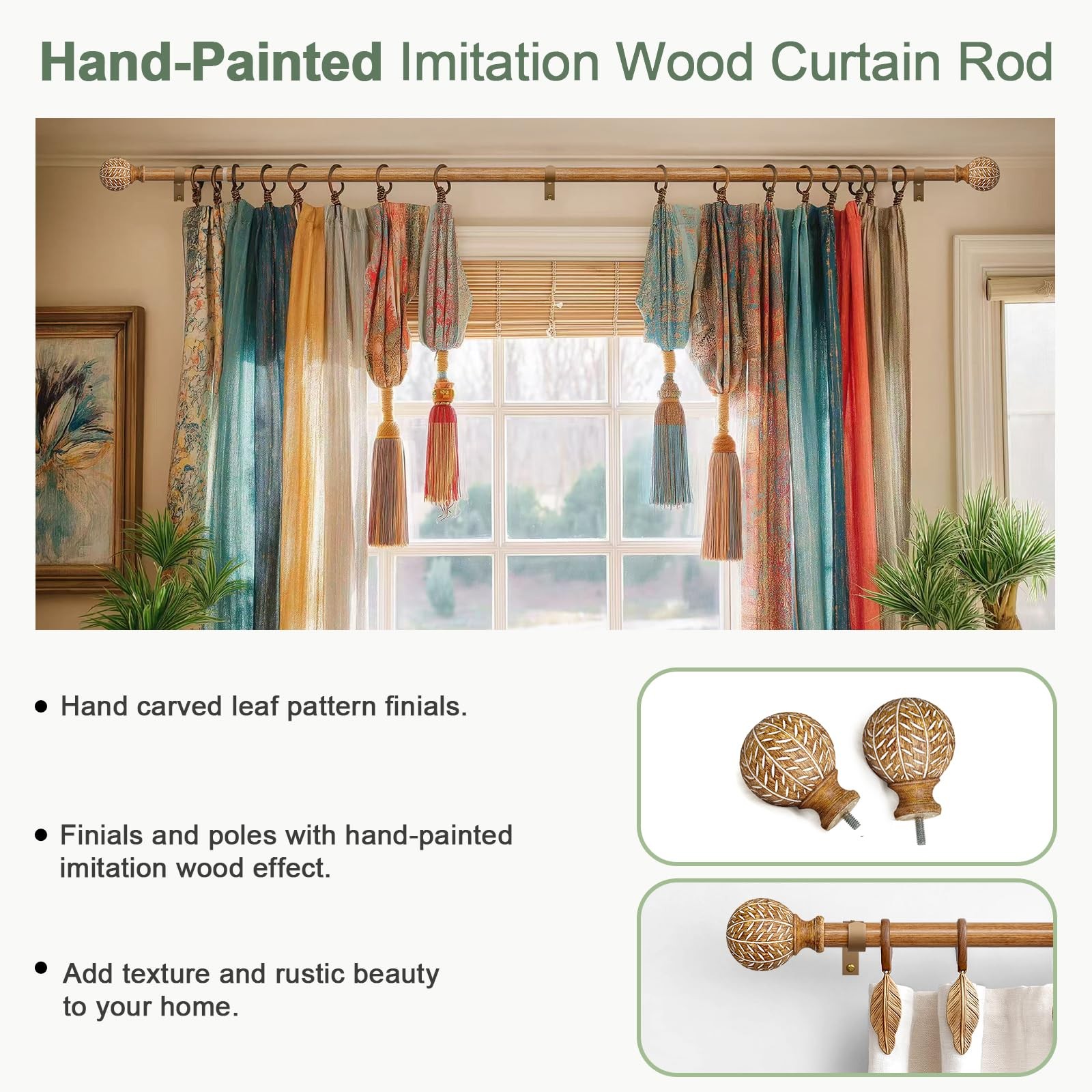 QDWIS Wood Curtain Rods for Windows 66 to 120 36” – 120”, Natural