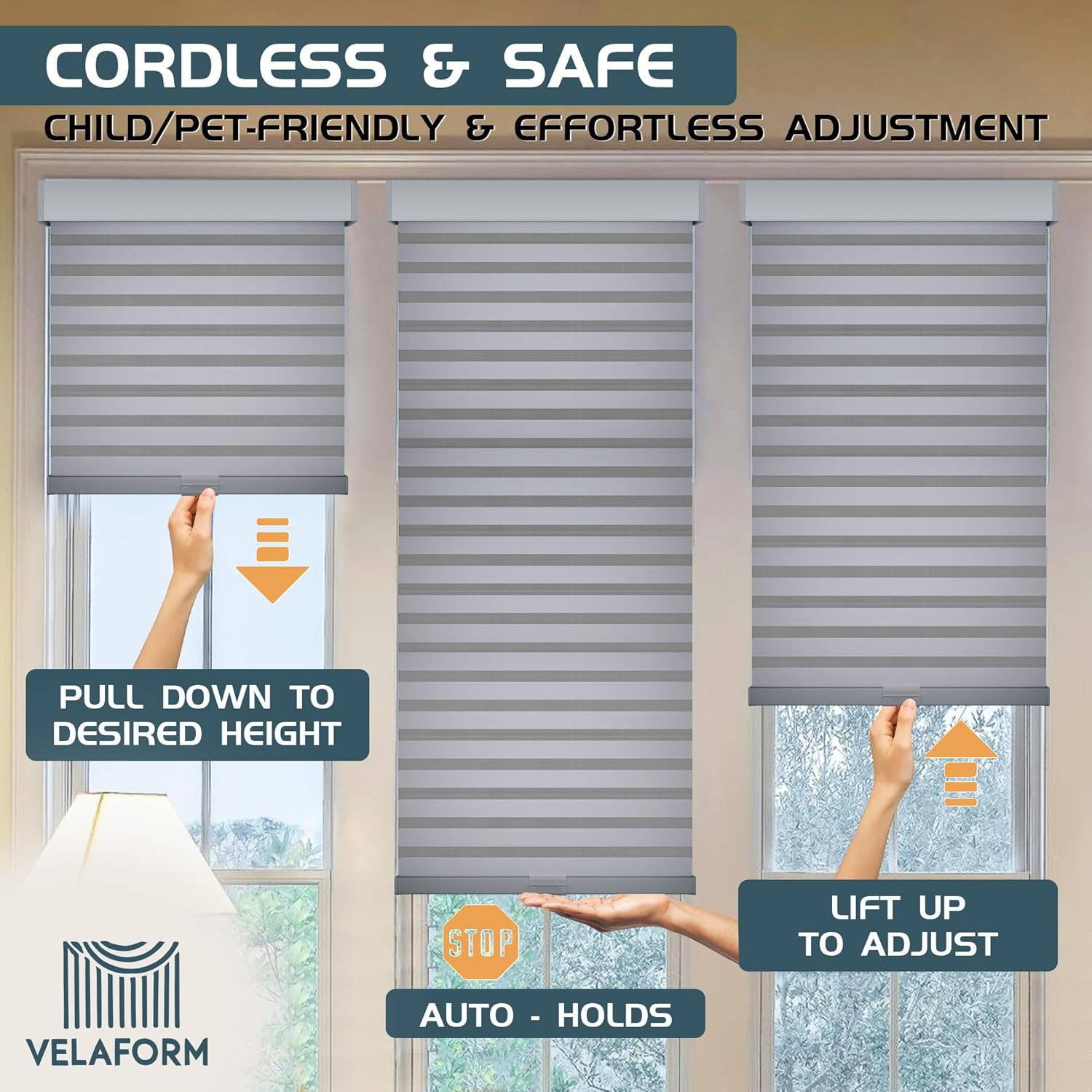 Cordless Zebra Blinds for Windows, Free-Stop, Light Filtering (45″ W X 72″ H, Gr