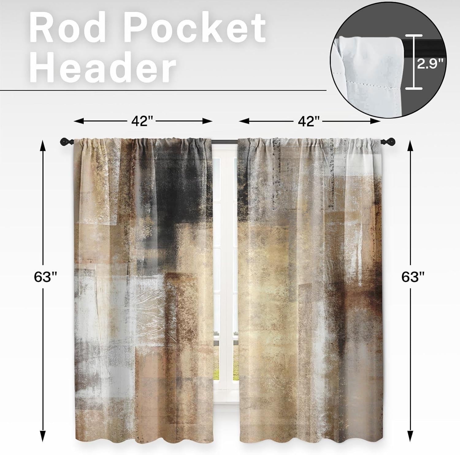 Brown Beige Painting Kitchen Curtains 63 Inch Length Grey Window Curtains Ove…