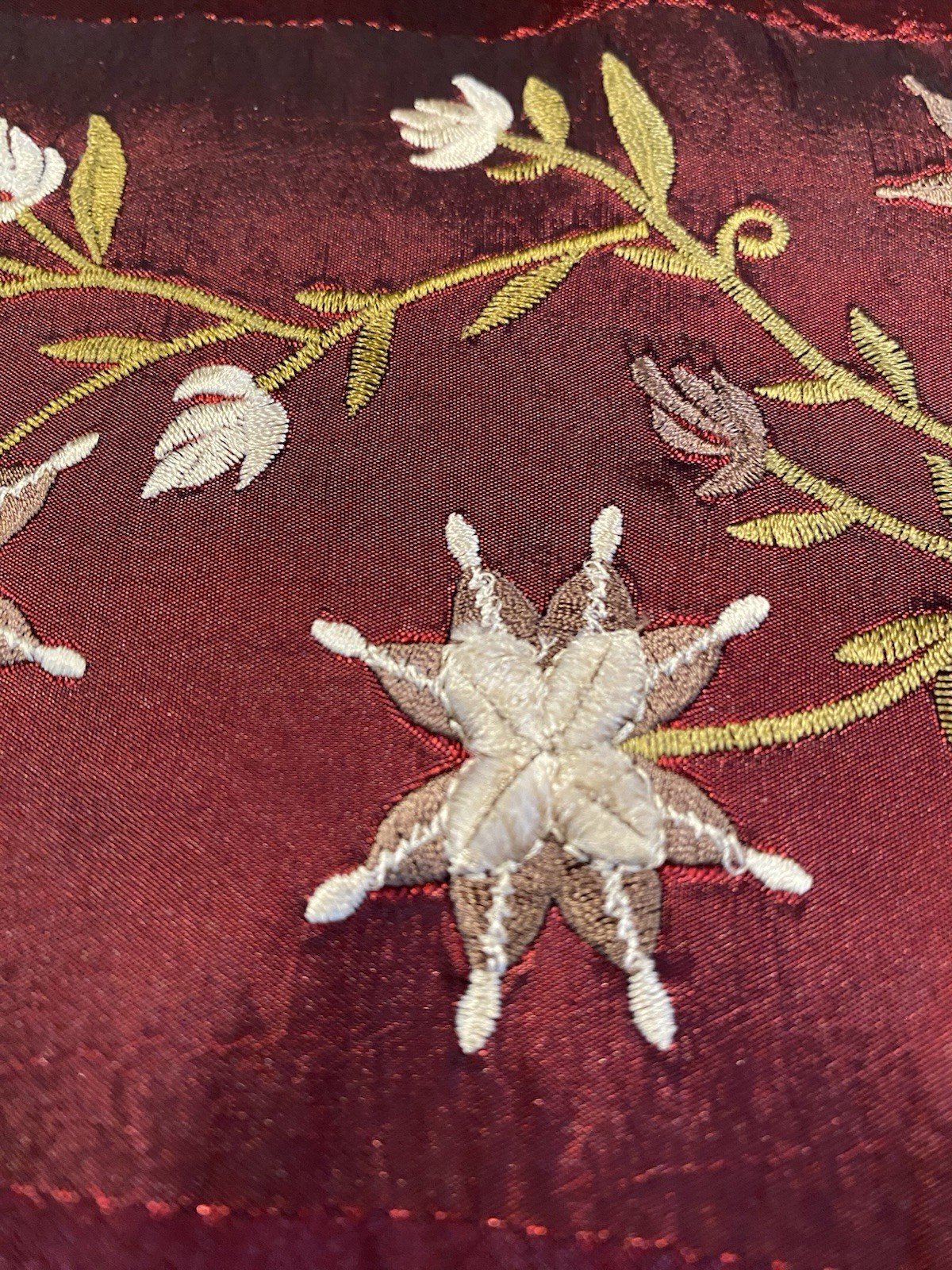 Curtain Panel Floral Embroidery Maroon Lined Custom Made 99”+ Ties 48” Repurpose