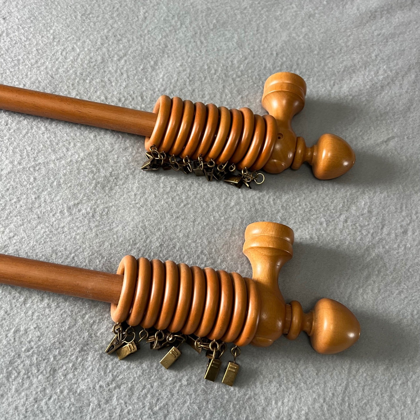 Vintage Wooden Drapery Curtain Rod Set of 2 Rings Clips Boho Farmhouse Cottage