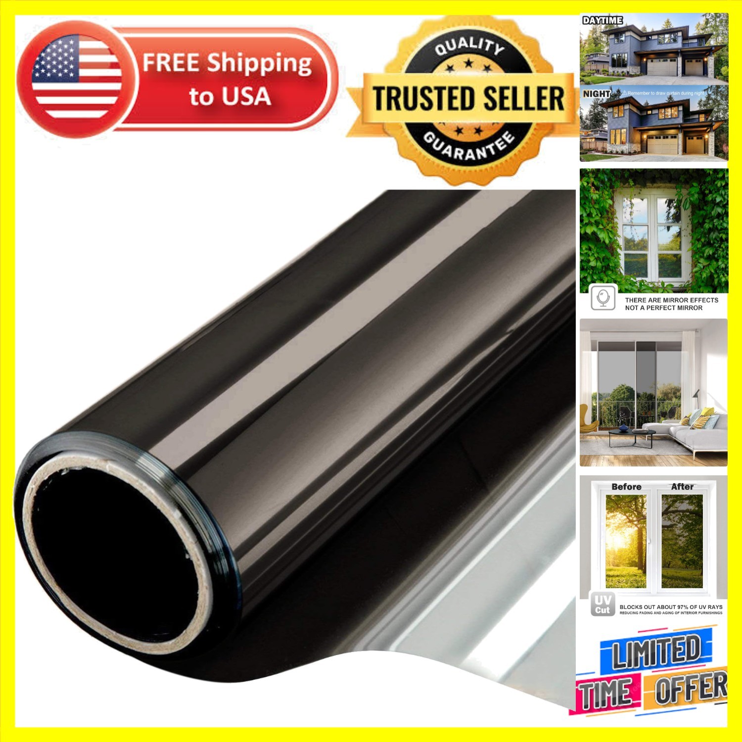 Elegant One-Way Mirror Window Film – Daytime Privacy & UV Protection 17.5×6.5ft
