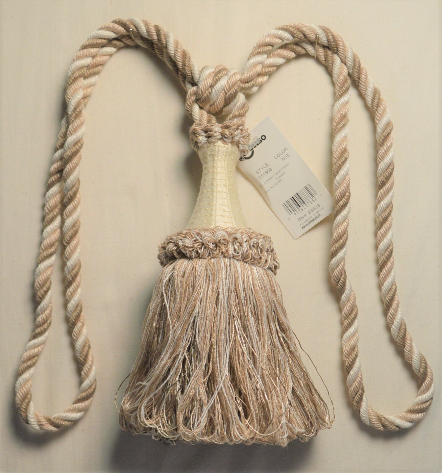 Curtain  Chair Tieback – 30″spread with 7″tassel – Shades of Cream & Taupe