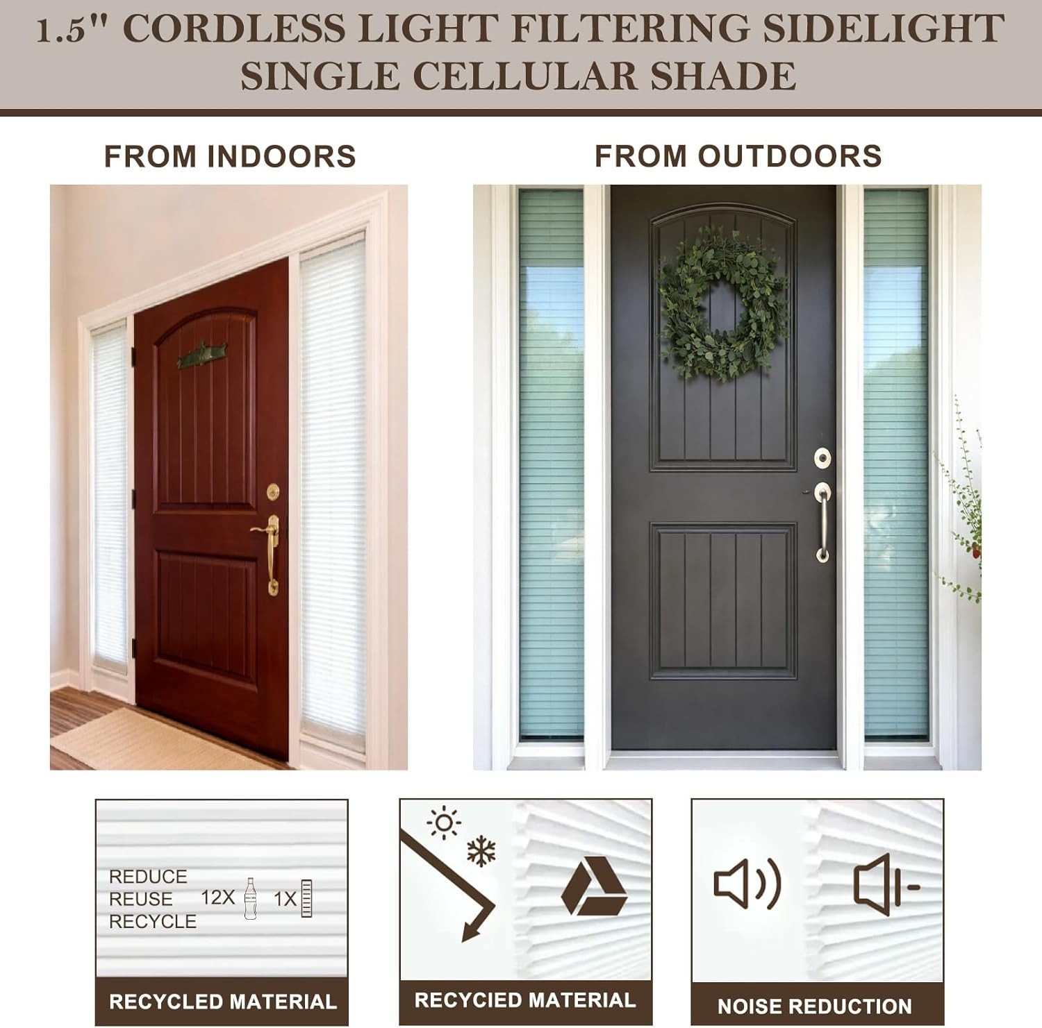 2 Pcs Cordless Light Filtering Sidelight Blinds Cellular Shades 8.5″ W x 72″ H