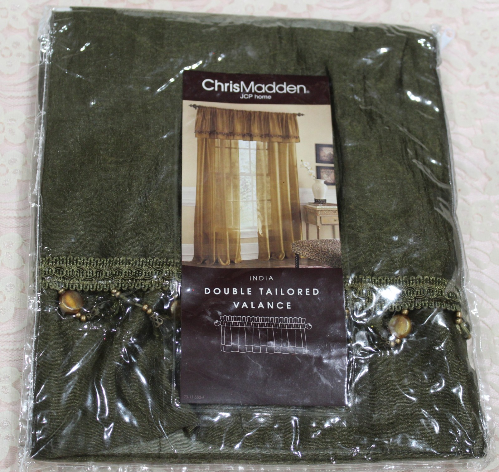 Chris Madden India Beaded Tailored Valance Olive Night NEW IN PACKAGE