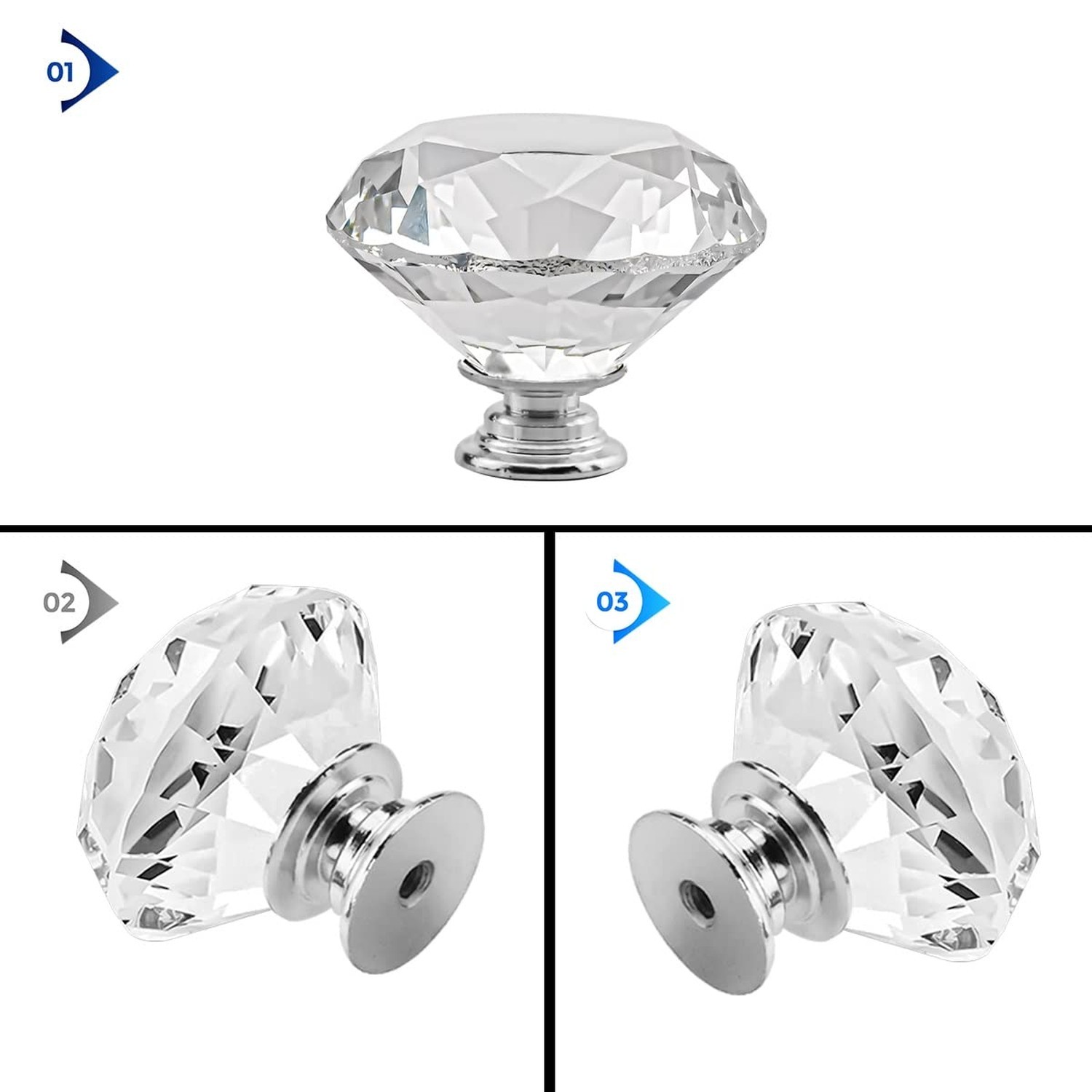 Crystal Cabinet Knobs 2Pack Clear Glass Diamond Shape Drawer Knobs 50mm Diamo…