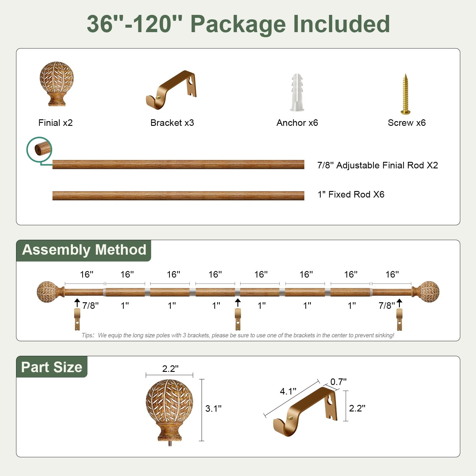 QDWIS Wood Curtain Rods for Windows 66 to 120 36” – 120”, Natural