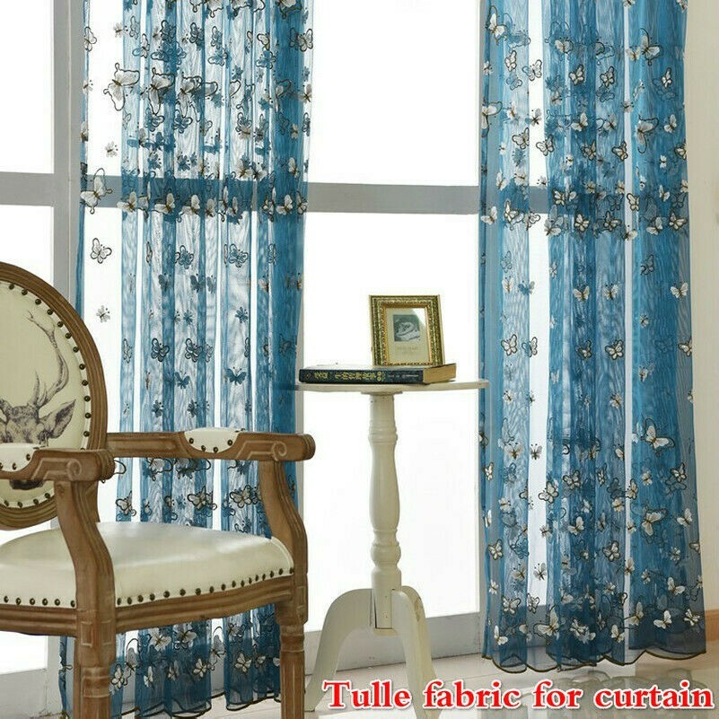 Butterfly Blue Tulle Voile Fabric Material for Curtain Drape Panel By Metre Blue