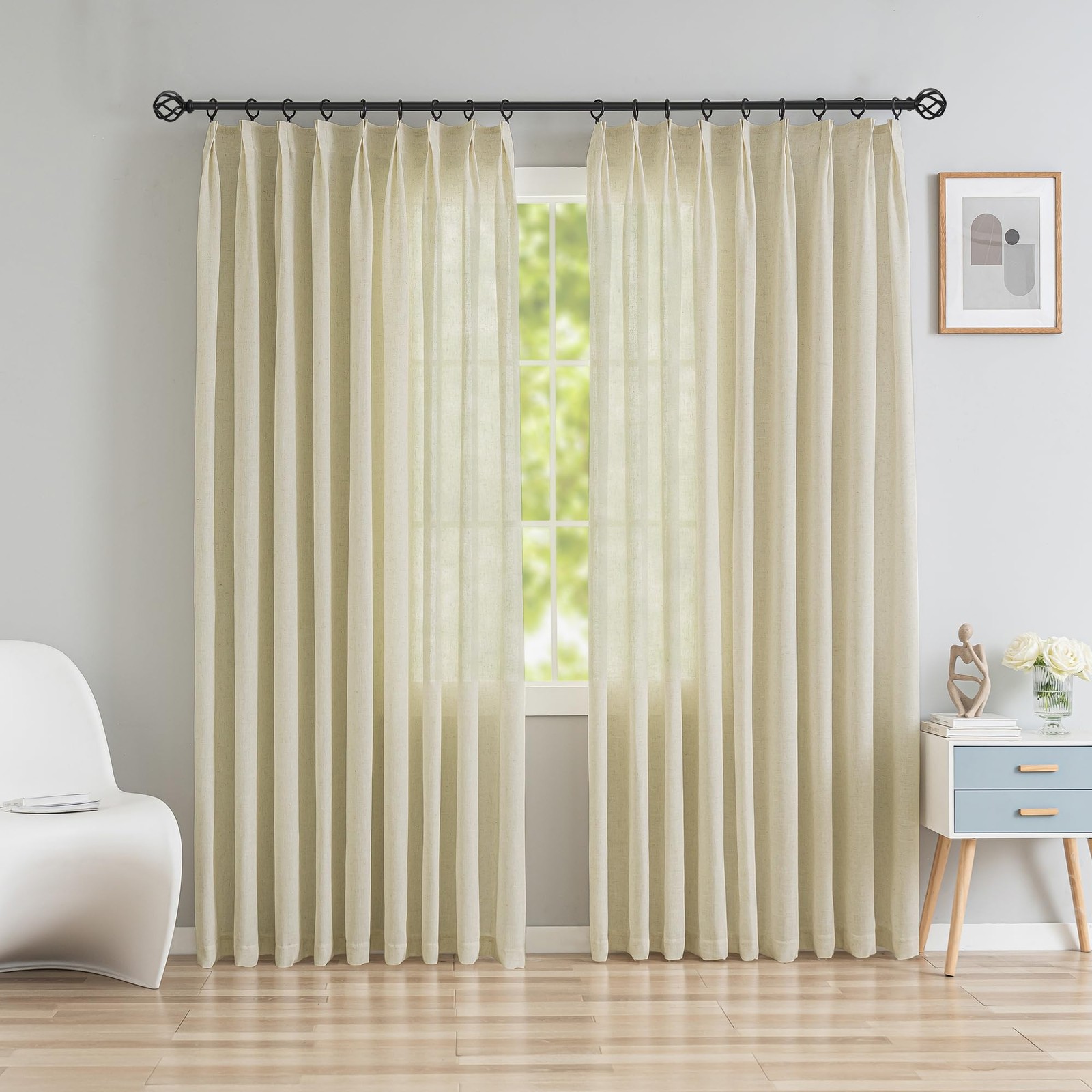 OYRING Faux Linen Pinch Pleated Curtains 54×84 Beige Semi Sheer Bedroom Drapes
