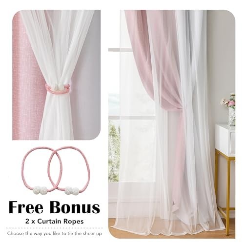 100% Blackout Curtains with Sheer Overlay, 72″ Double Layer Drapes, 2 Panels, Pi