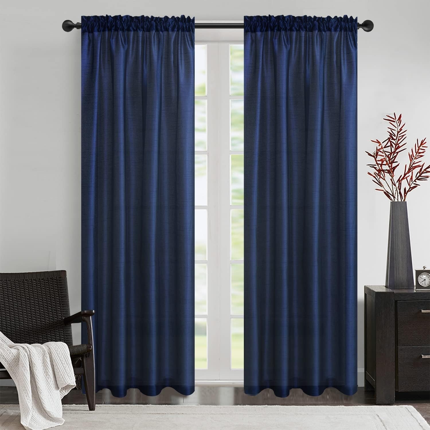 Faux Silk Semi Sheer Curtains Rod Pocket Light Reducing Silk Drapes, 2panels