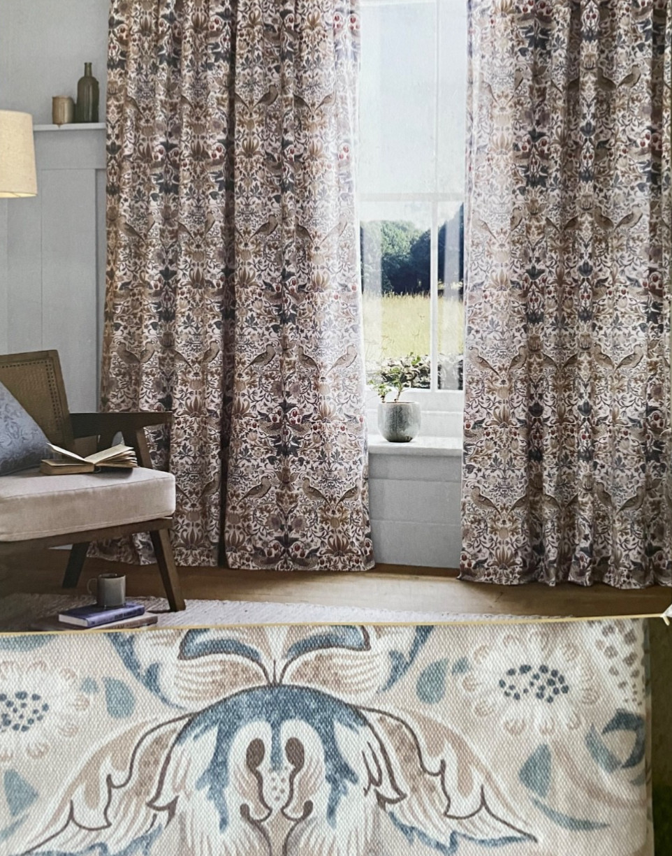 NEW William Morris 2pc BLACKOUT Strawberry Thief Hessian Window Curtain 50″x84″