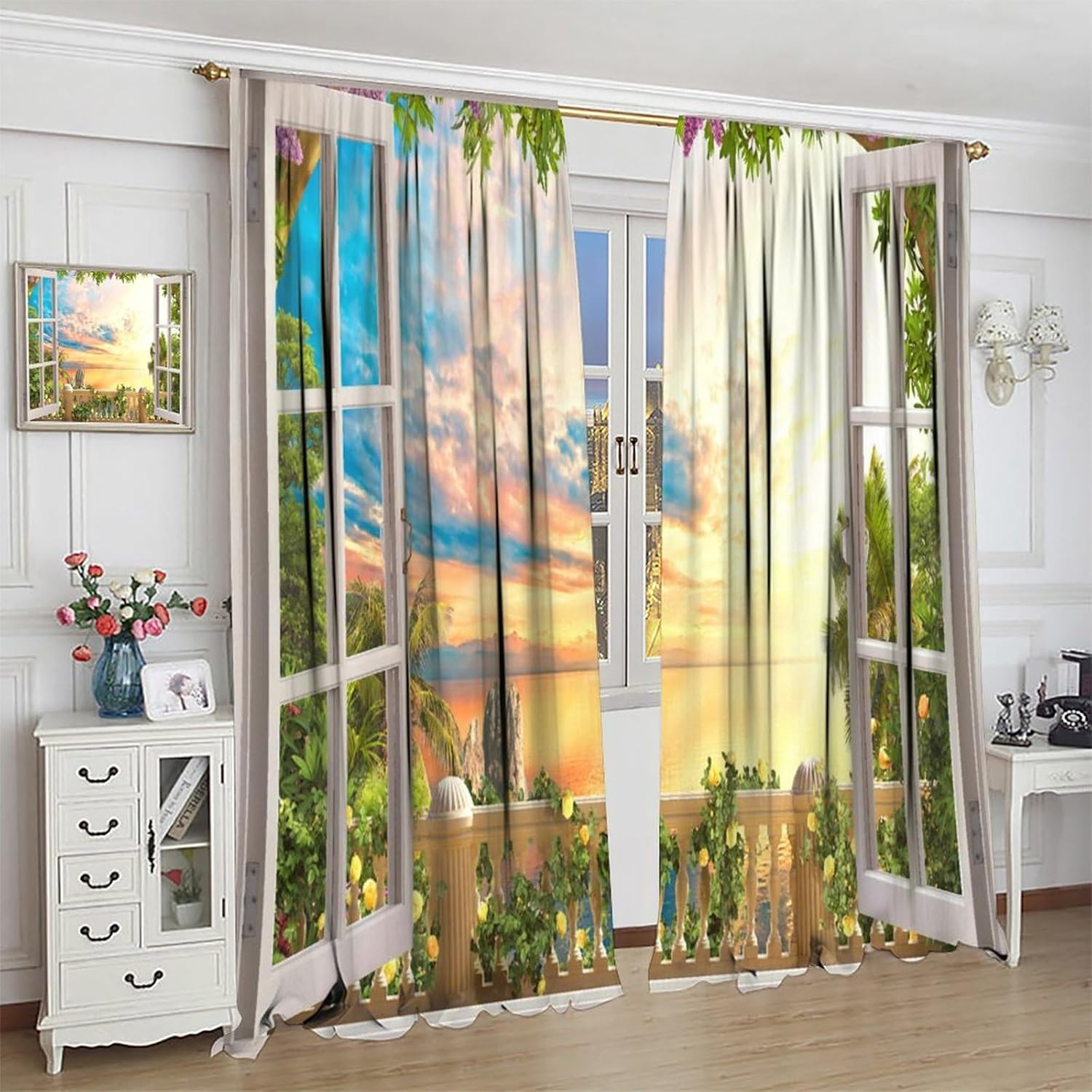 Nature Landscape Curtains，Beautiful Sunset Ocean Scenery Rod Pocket Decor Window