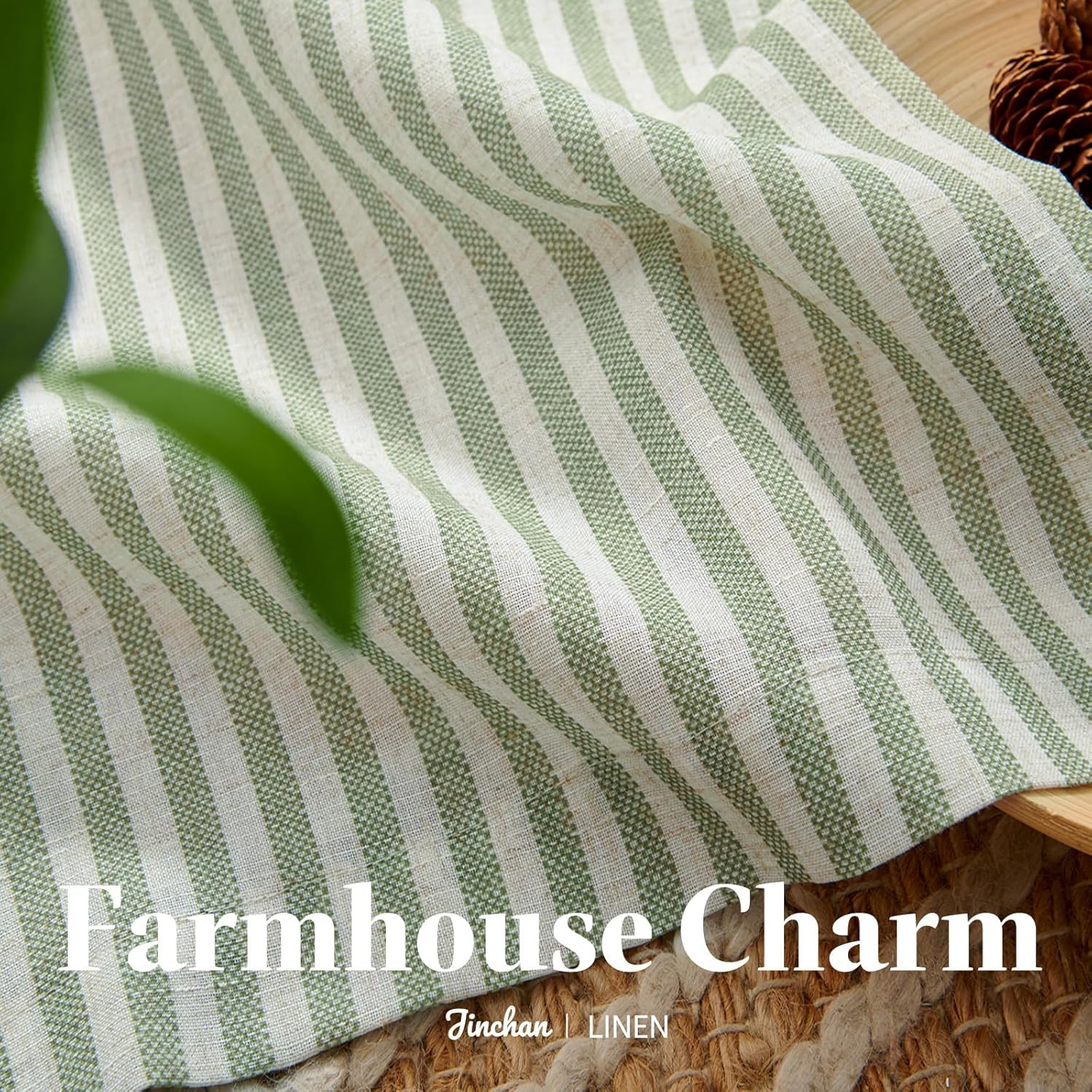 Striped Linen Kitchen Tier Curtains, 20 Inch, Sage Green, 2 Panels | Light-Filte