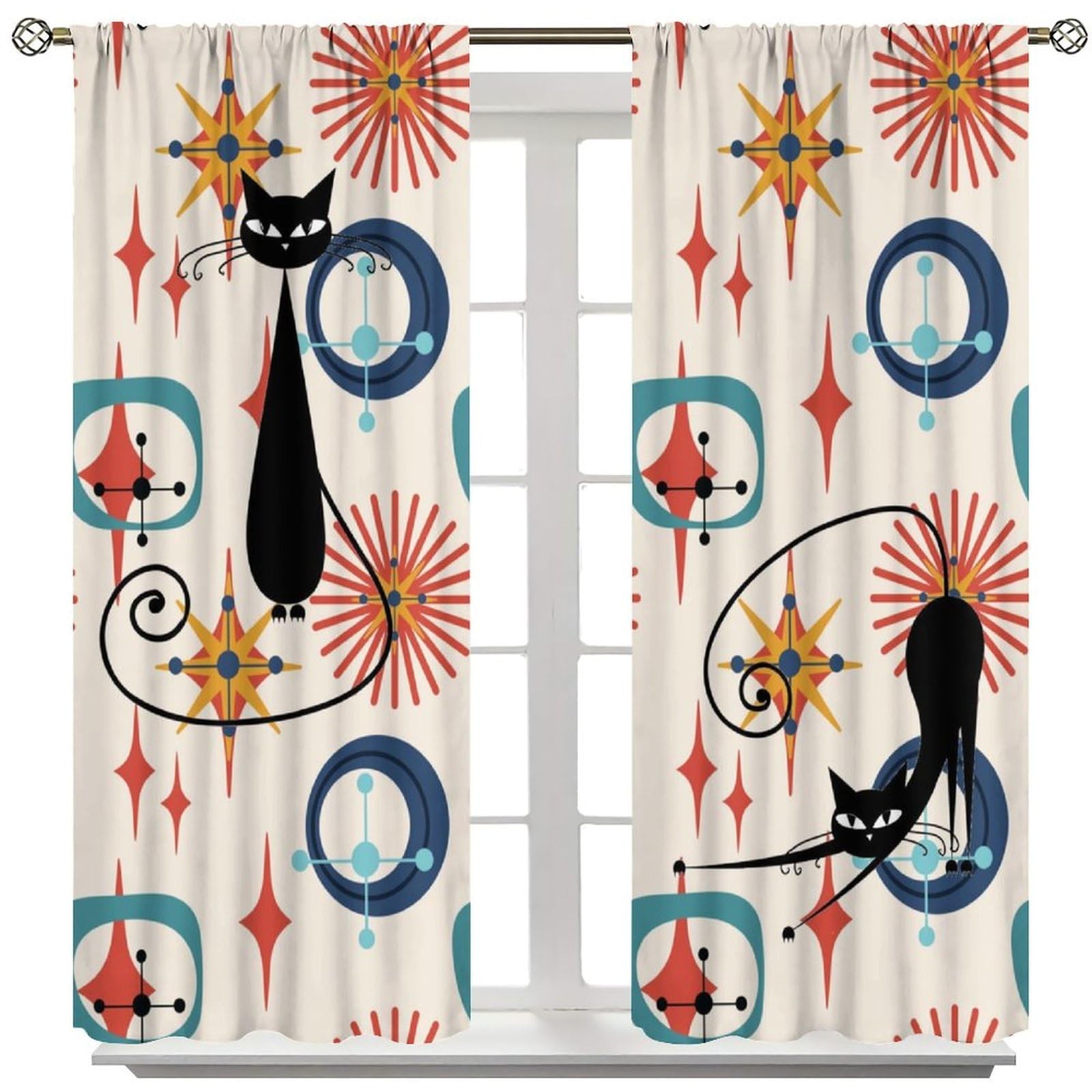 Mid-Century Atomic Star Curtains, Modern Geometric Abstract Art Explosion Vin…