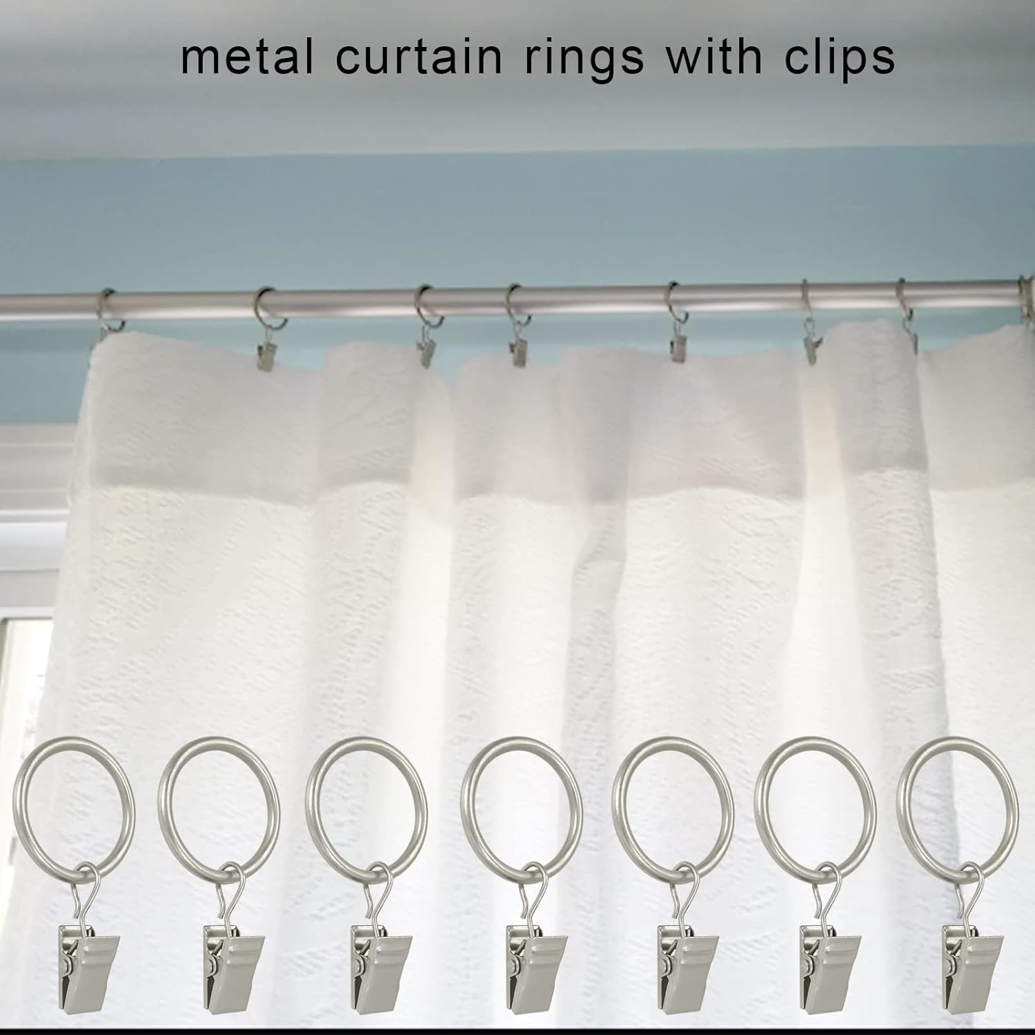 44 Pack Matte Silver Curtain Rings with Clips, Curtain Hooks Hangers Clip Rings
