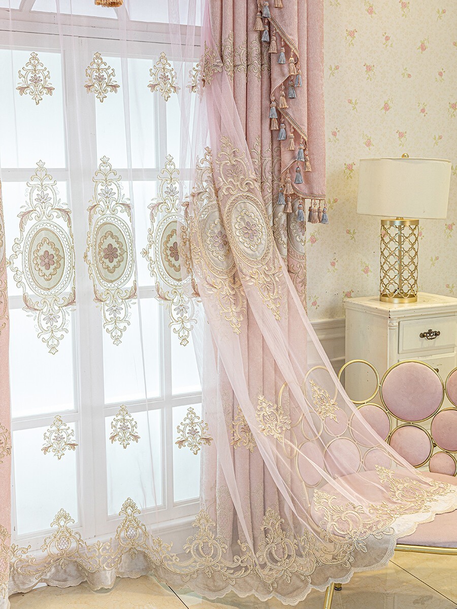 Custom high-end embroidery Chenille pink cloth curtain valance drape vintage [