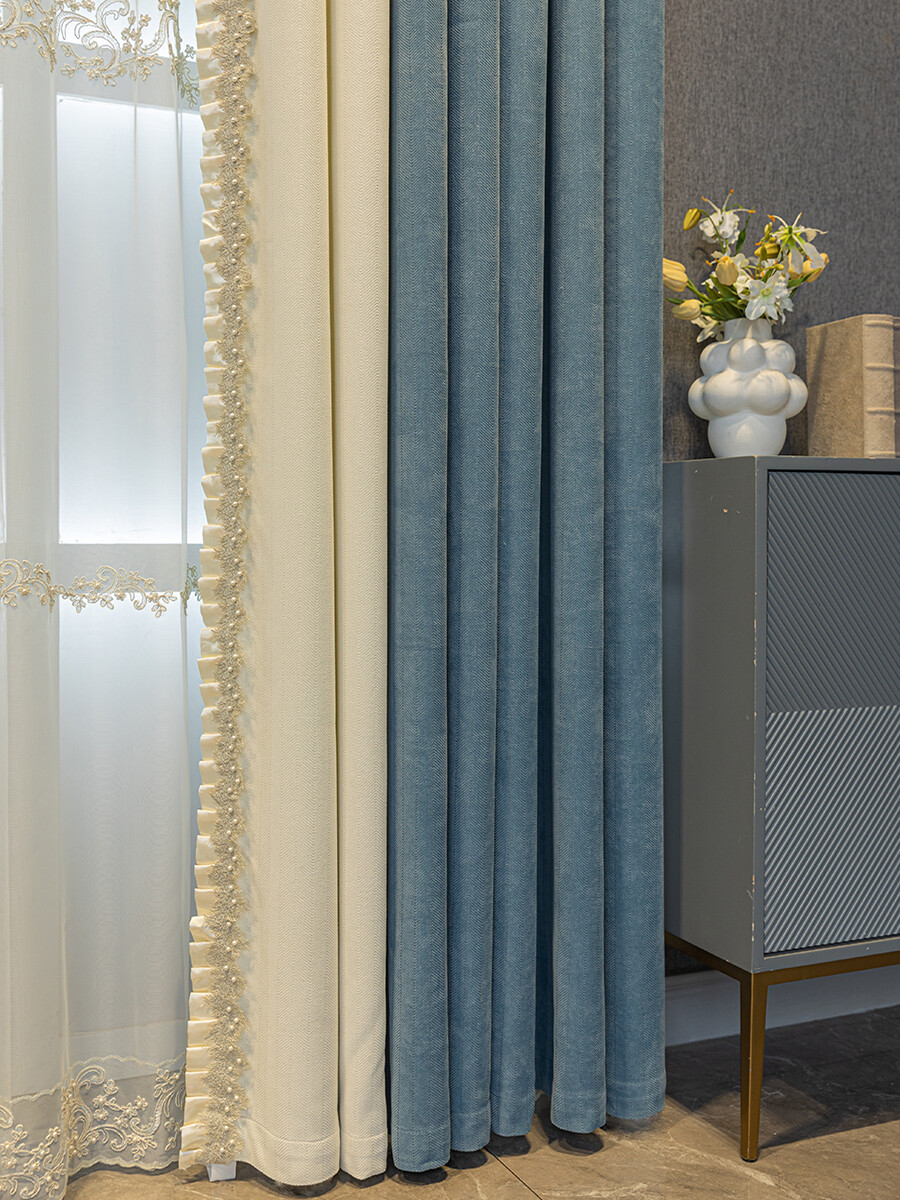 Custom modern simple advanced blue chenille cloth curtain valance drape C1522