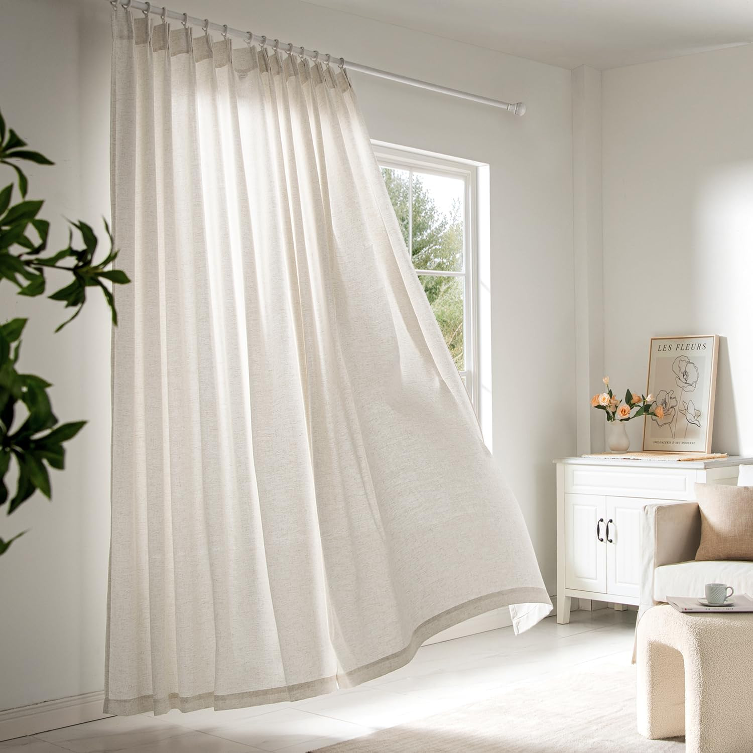 Luxury Beige Pinch Pleated Linen Curtains for Sliding Doors – 2 Panels Set