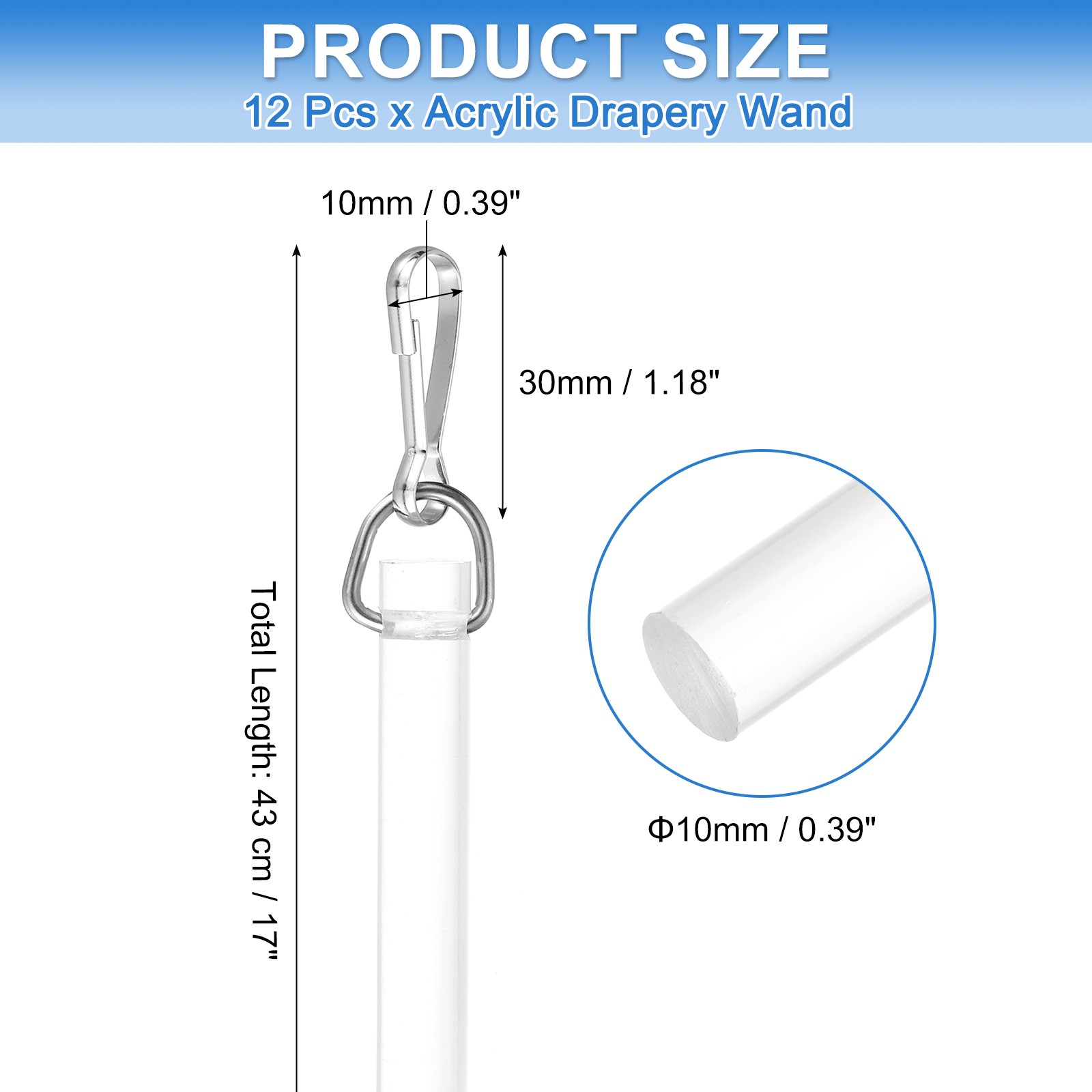 12Pcs 17″ Acrylic Drapery Wand Universal Curtain Pull Rod with Snap Hook Clear