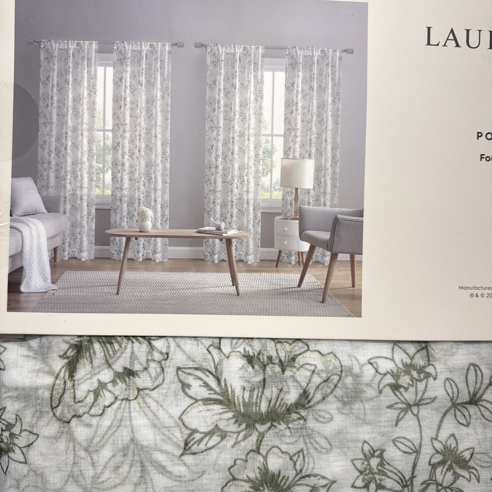 (2) Laura Ashley Hummingbird Floral Green Metallic Sheer Pole Panels 84” New~