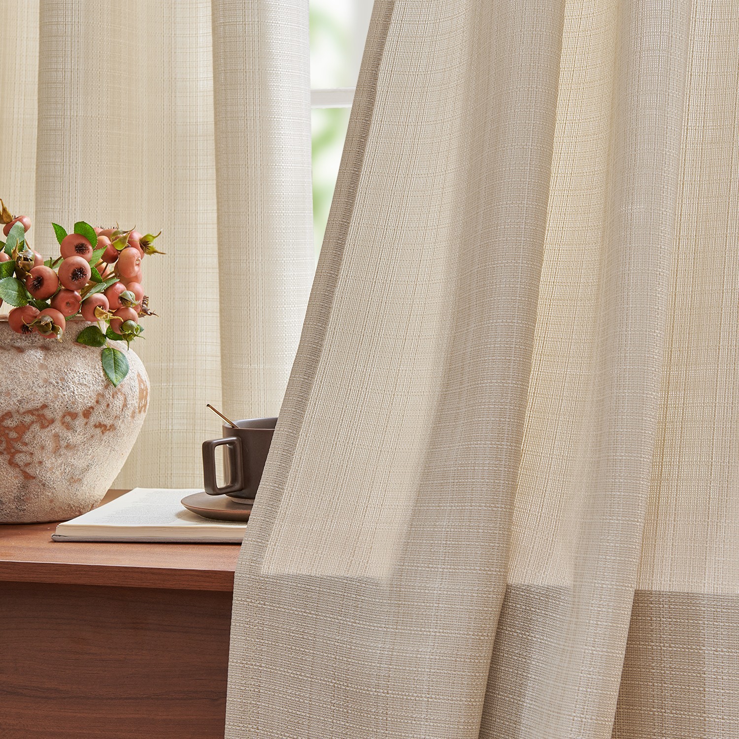 Linen Textured Curtains 2 Panels for Living Room Grommet Top Light Filtering