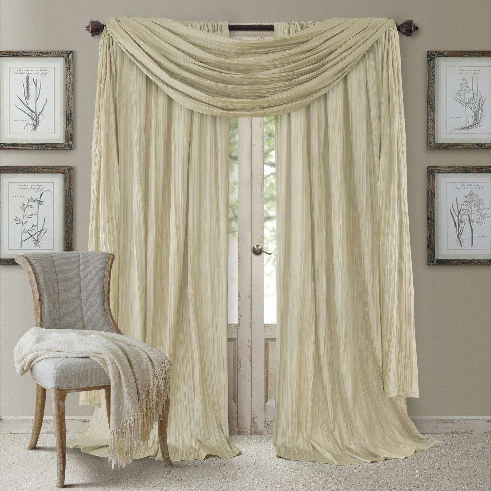 Set 2 Solid Ivory Faux Silk Curtains Panels Drapes Pair WITH SCARF 84 95 108 in