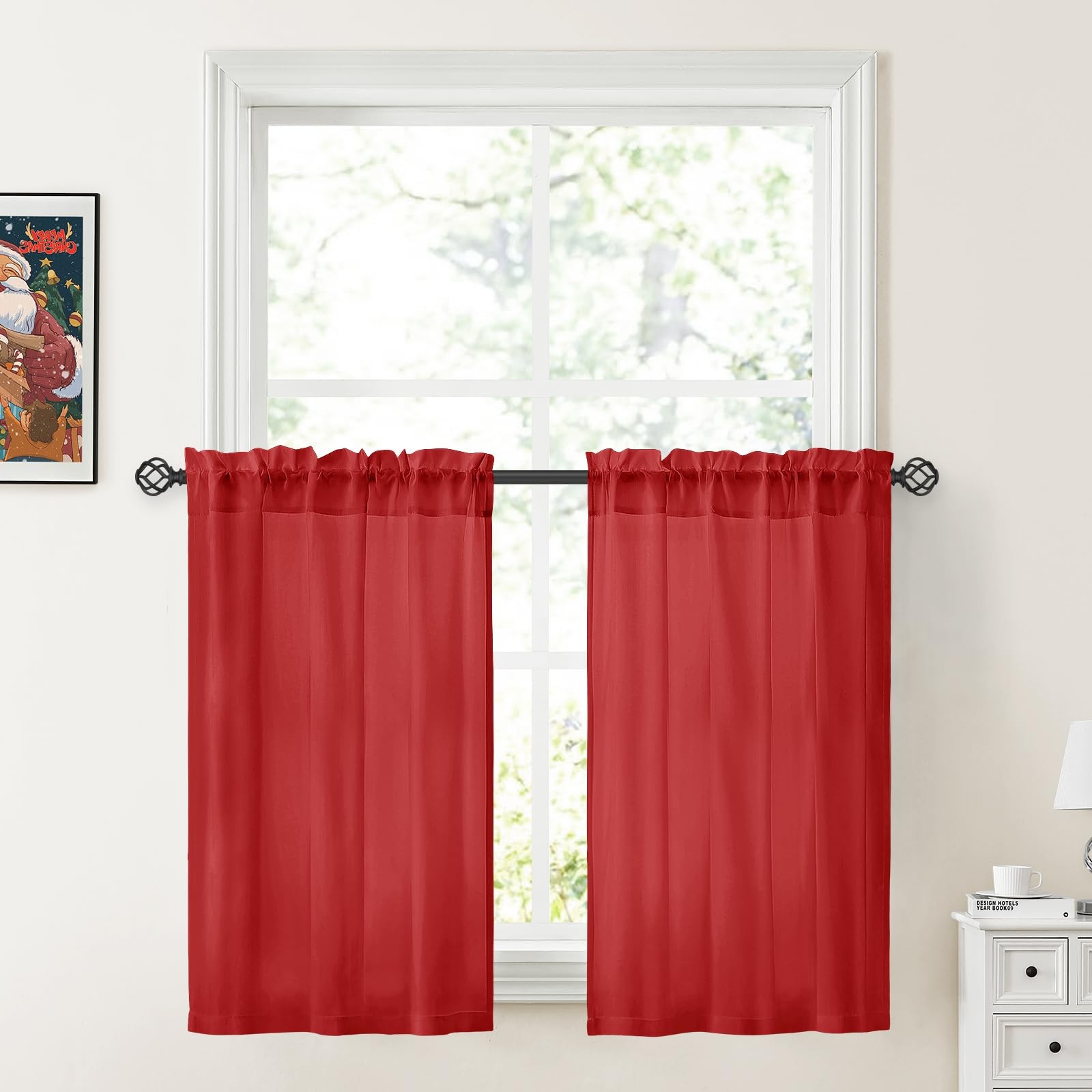 HOMEIDEAS Christmas Non-See-Through Red Privacy Sheer Kitchen Curtains, 30 X …