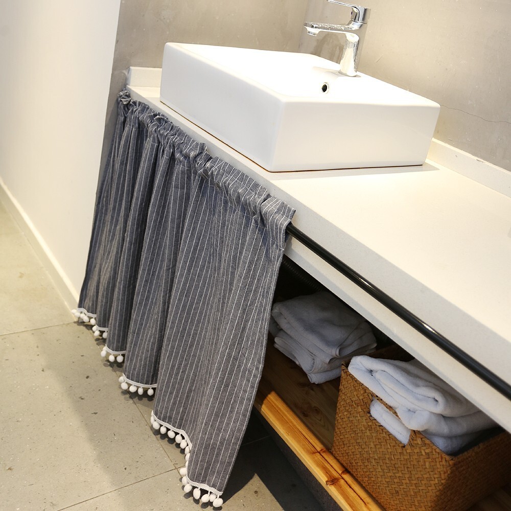 Rod Pocket Pom Pom Stripe Short Curtain for Cabinet Kitchen Window Drape Valance