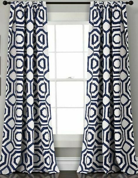 ONE HALF MOON Curtain Panel Octagon Blocks Room Darkening Window Navy Blue 84″