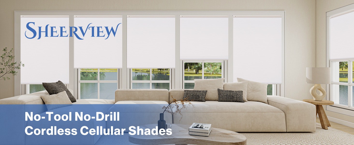 No Drill Cellular Shades, White 32″ W x 48″ H Cordless Blackout Pull Down