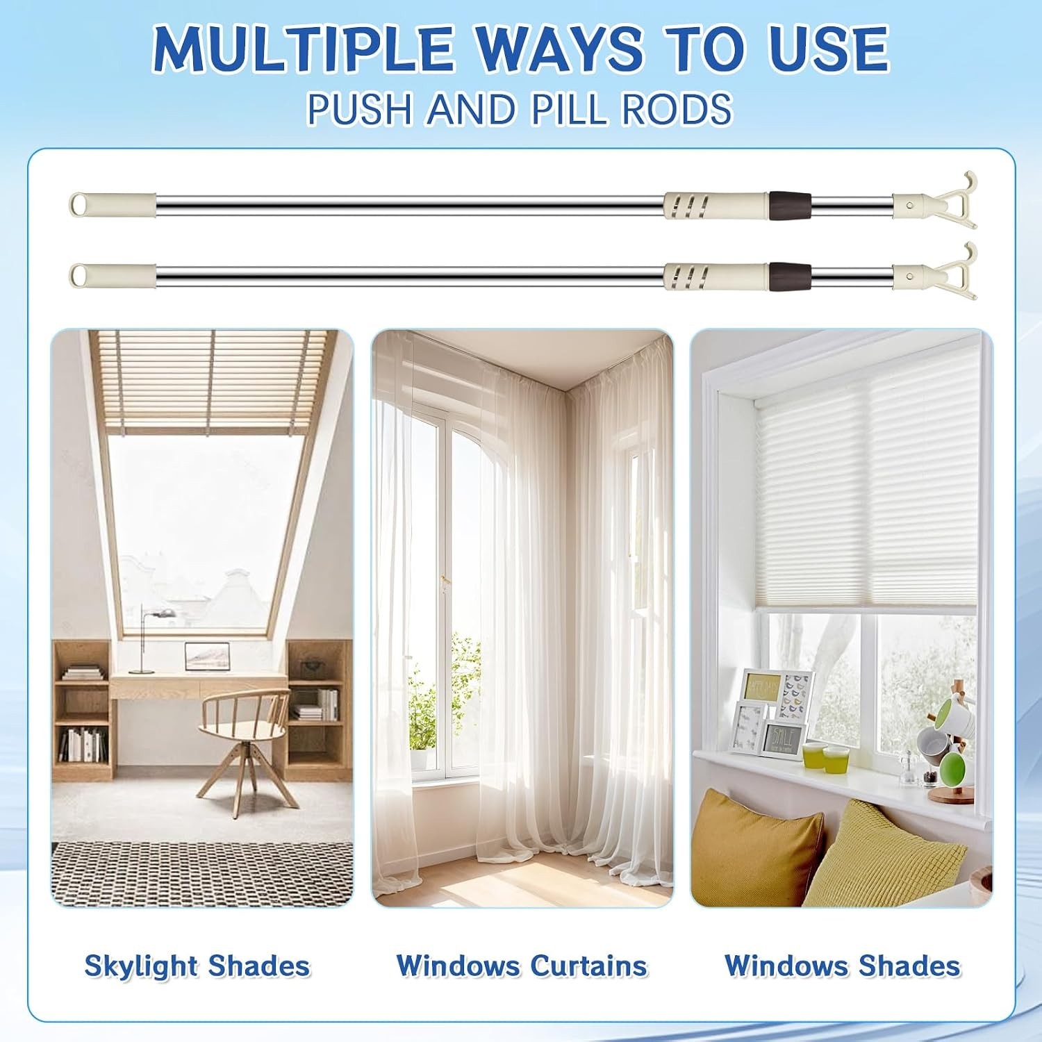 2Pcs Telescoping Skylight Rod Pole with Hook 41-63Inch Wand for Blinds Adjustabl