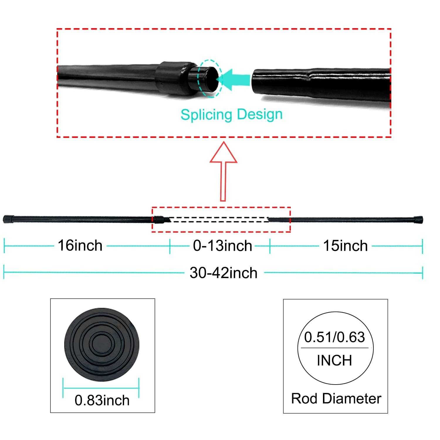 Short Small Spliced Tension Rod 30″-42″, Black 30-42 Inches Black Pack 1