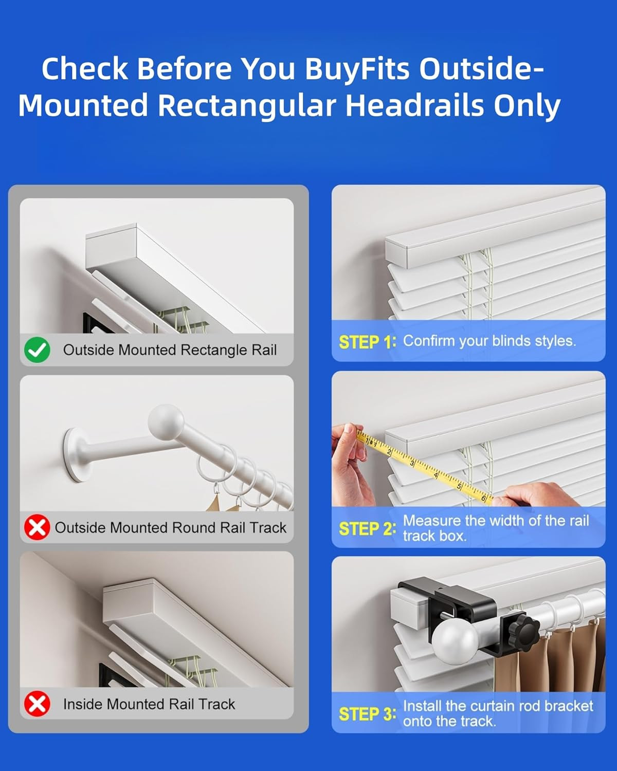 Over-Blinds Curtain Rod Brackets for 1 3-2 Rectangular Headrails Black Set 3