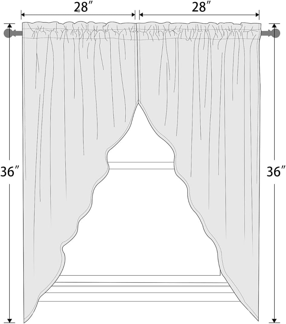 Black Floral Kitchen Swag Curtains, Vintage, 28″ W x 36″ L, 2 Panels | Grey and