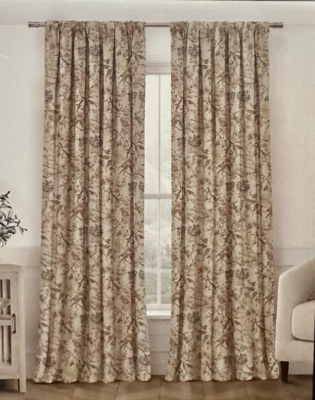 2 ENVOGUE Window Curtains 2 Panels Beige 37” x 84” Each Flowers Birds Floral NWT