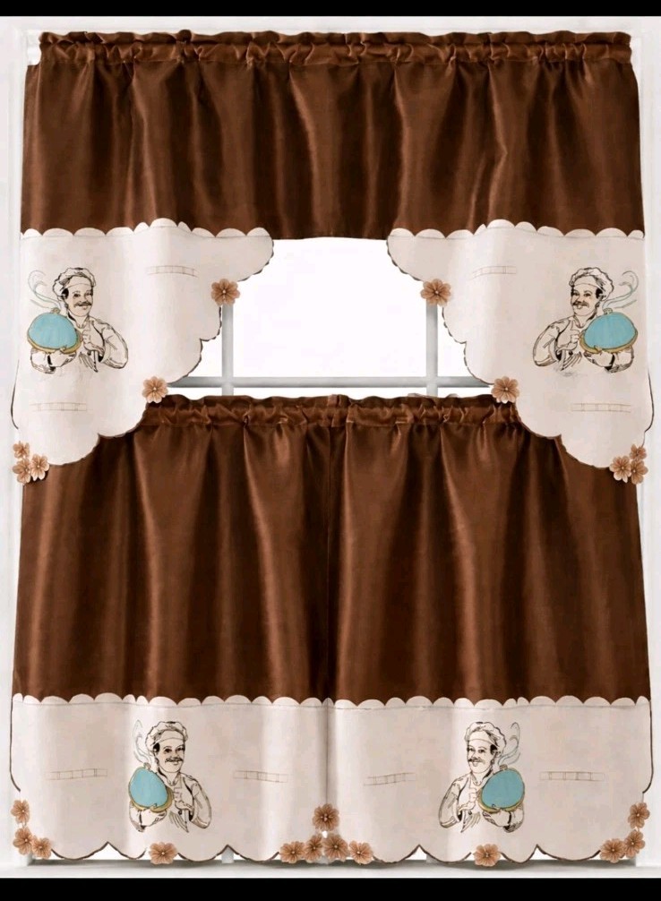 3pc Kitchen Curtain Chef Embroidery Color Brown 60’in X 36’in