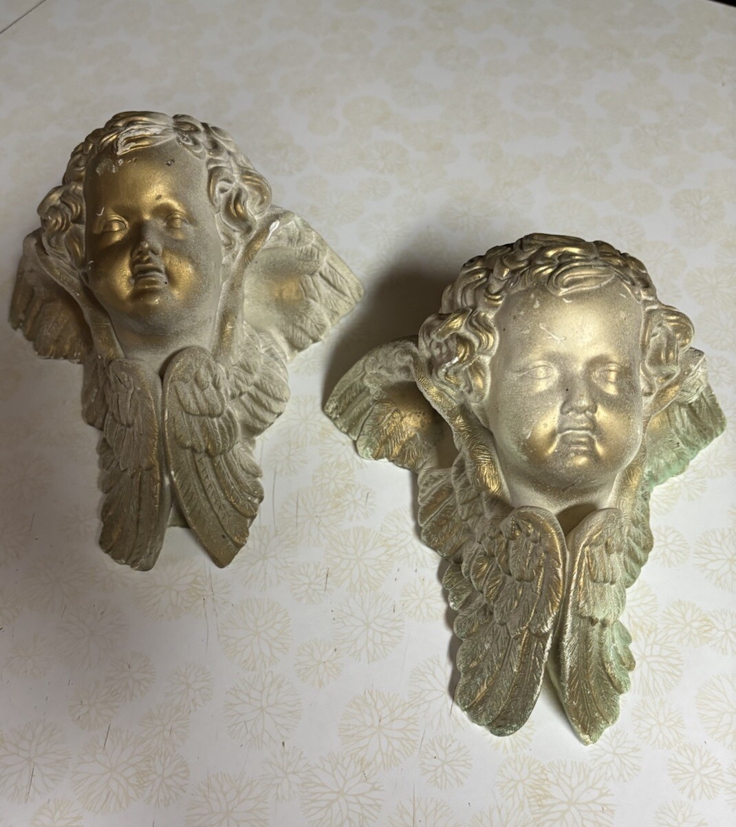 Pair of Gold Angel Cherub Drapery Curtain Rod Sconce Holders Plaster 1 1/4” Hole