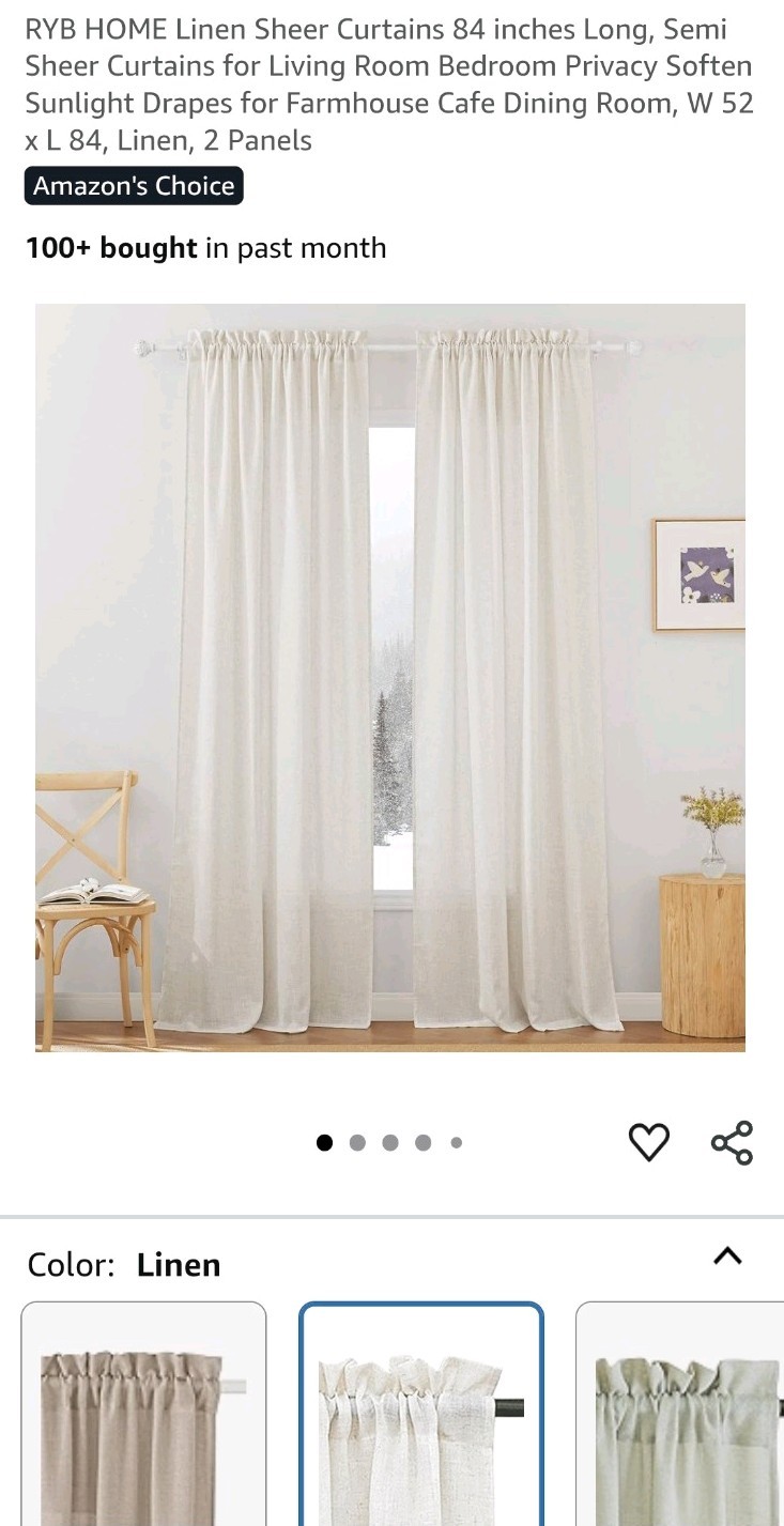Beige Linen Semi Sheer Curtains VOILYBIRD 52”W x 96″L , Set of 2 Panels NEW