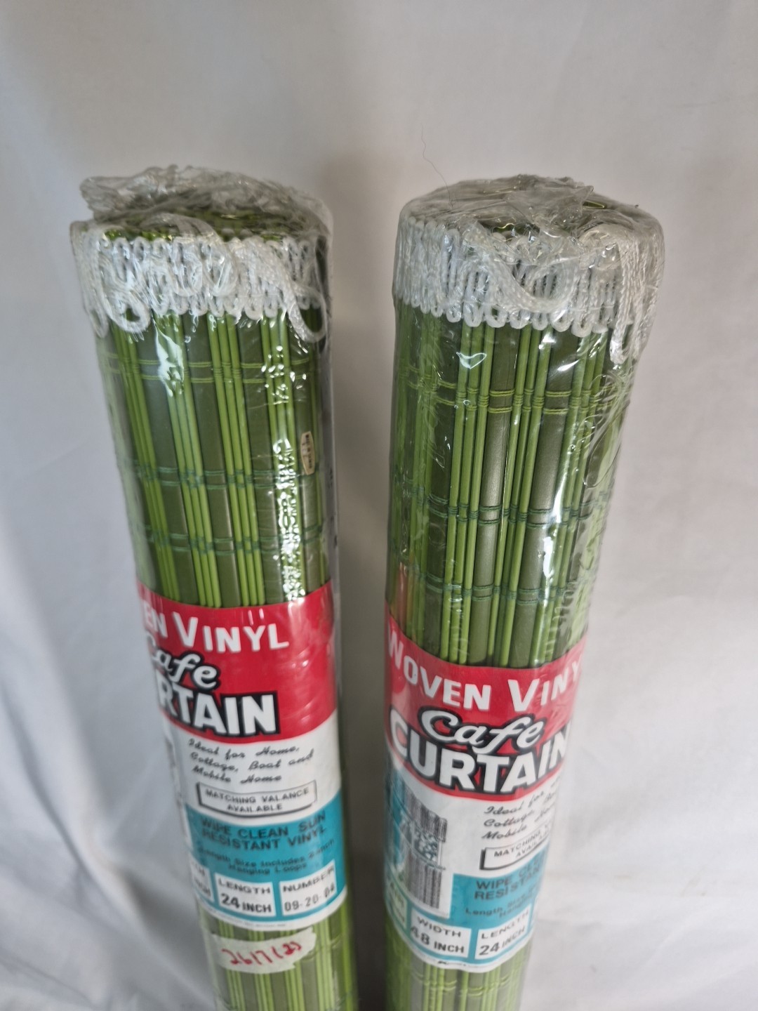2~ NOS VTG WOVEN VINYL CAFE CURTAINS AVOCADO GREEN 24″L×48″W KMART COTTAGE BOAT