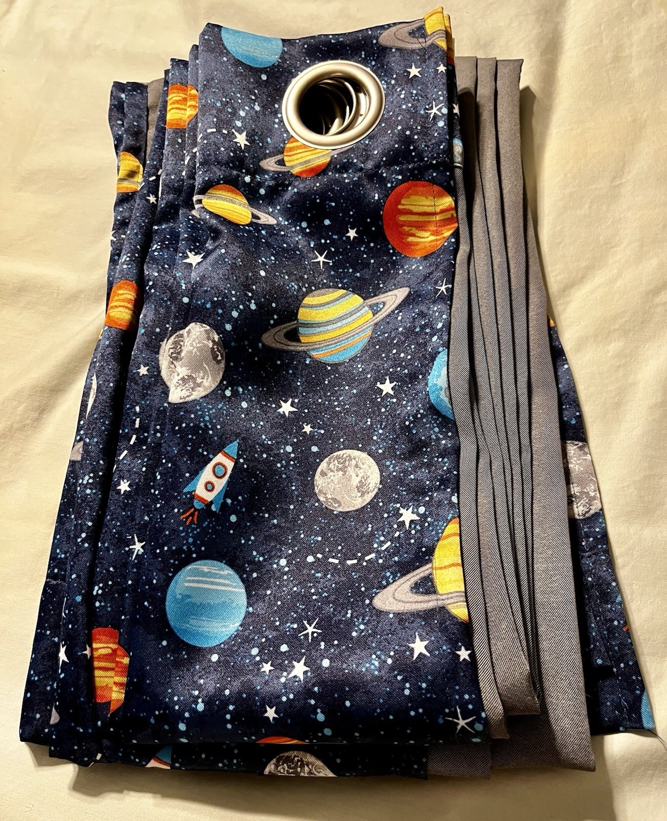 Space Themed Blue Curtains With Planets, Sun, Moon, Rockets And Stars