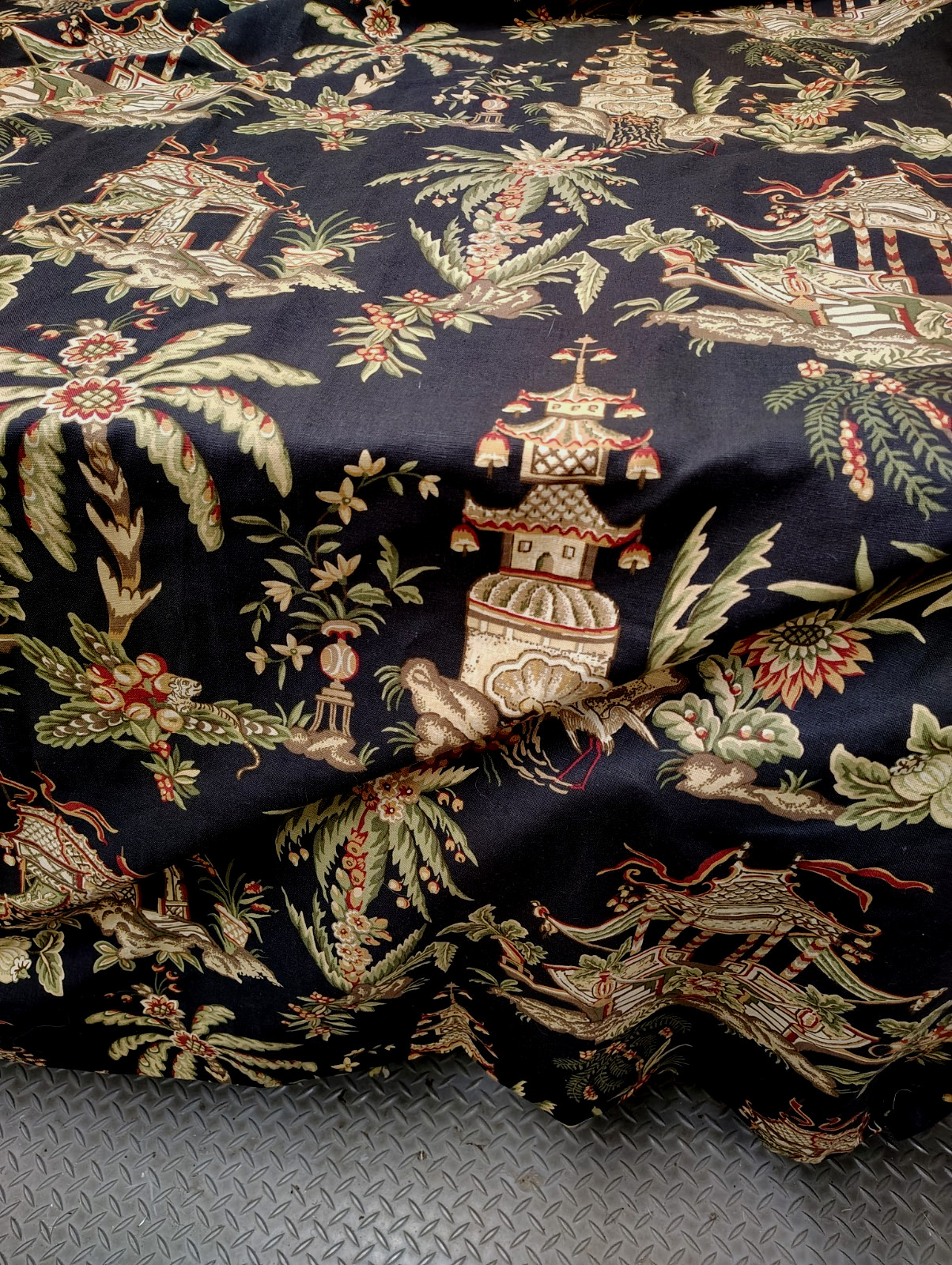 New Custom DRAPES Thibaut Tea House Asian Pagoda 2 pc Lined Pleats 100″ lg Black