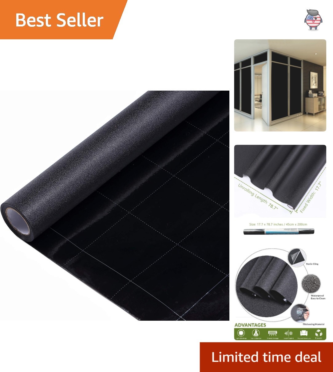 Roll-Up Black Window Cover – Static Cling, 99% UVA Protection, 17.7×78.7 Inch