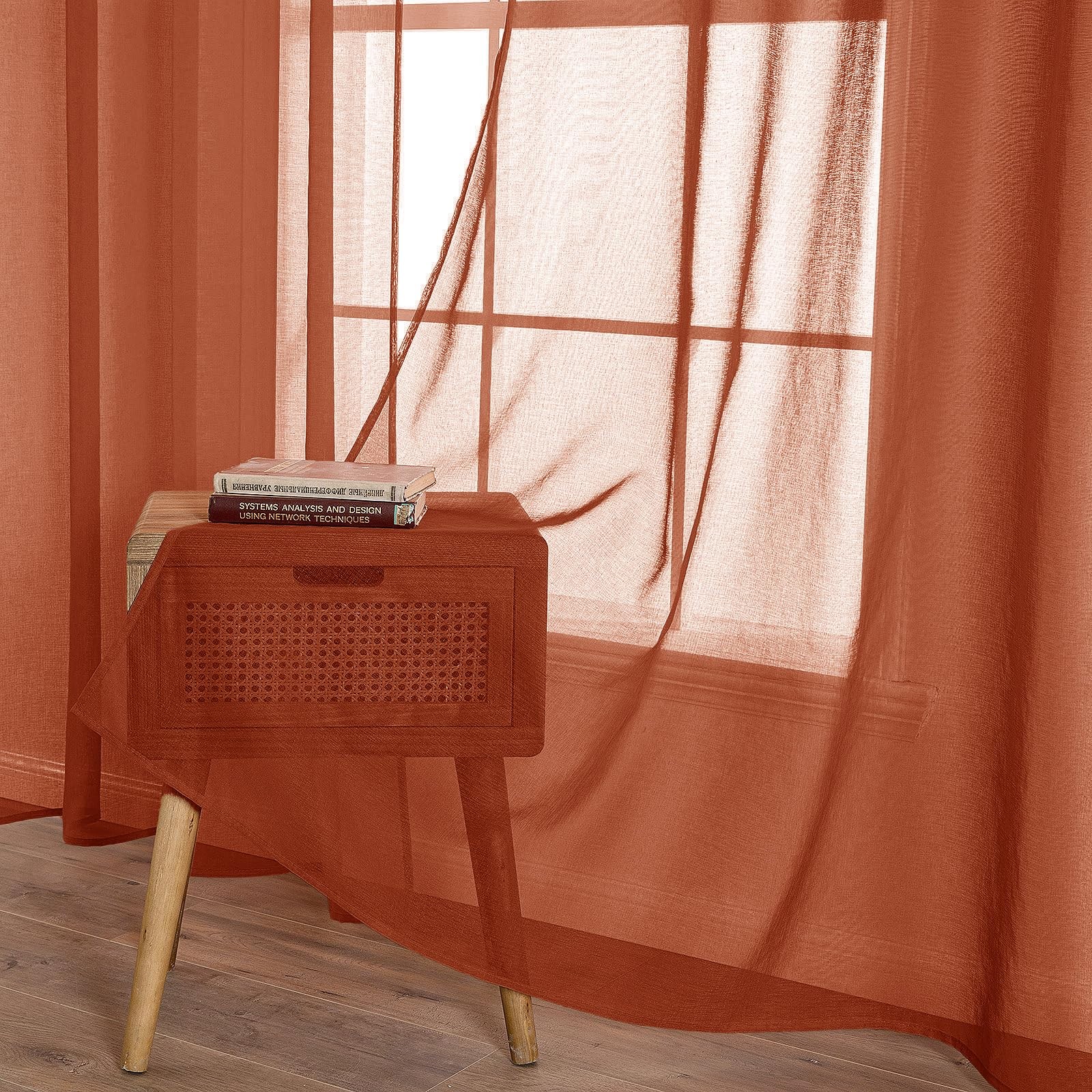 Boho Fall Terracotta Linen Textured Sheer Curtains 54W×84L 2 Panels