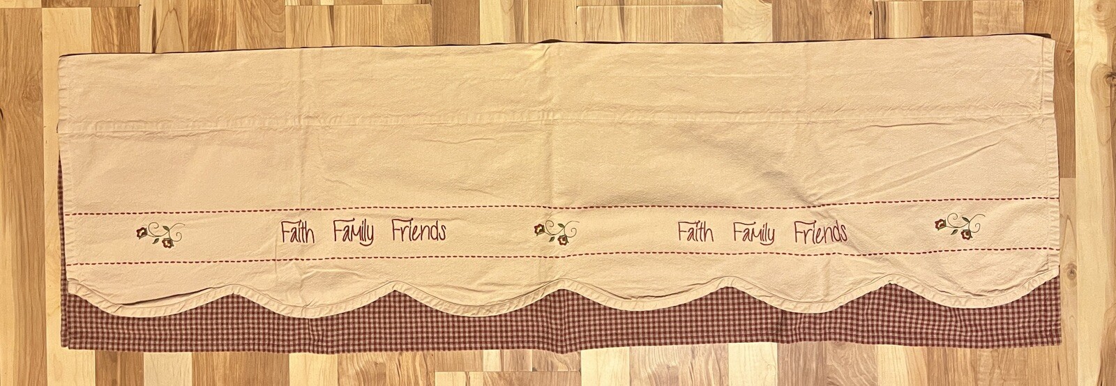Sentiment Faith Family Friends Window Valance Barn Red Tan Embroidered Set Of 2