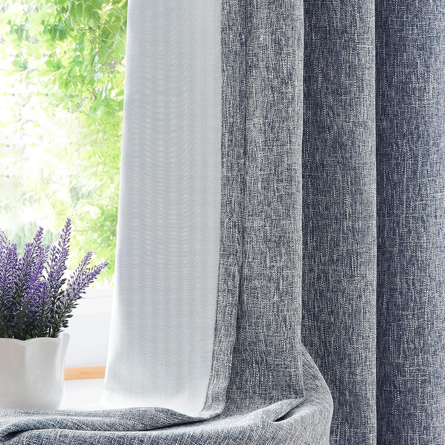 Indigo Solid Full Blackout Curtain Heavy Linen Texture Window Treatment for Bedr