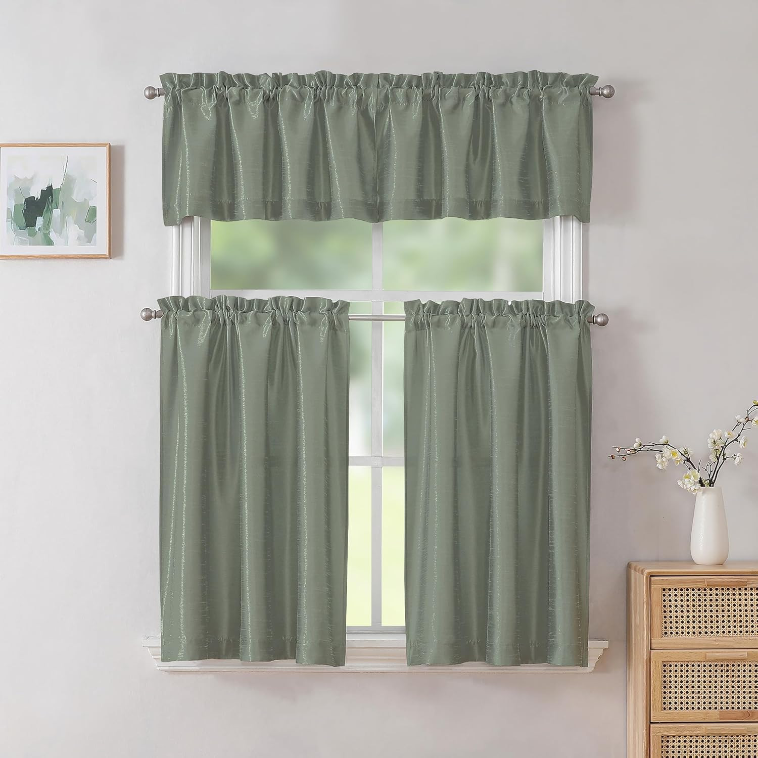 Uptown Sage Green Valance for Window, Faux Silk Room Darkening Slub Fabric Small