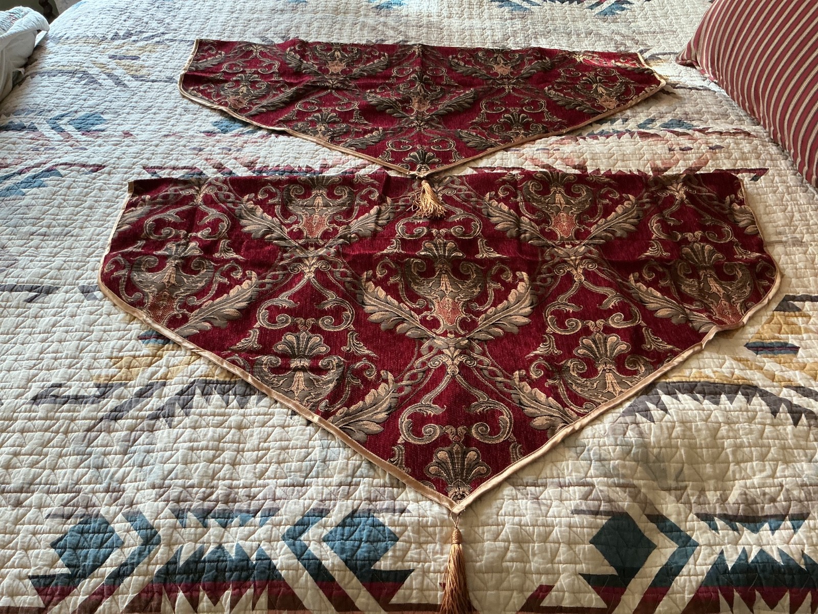 2 CROSCILL Imperial Damask Curtain Valances Red Gold Tapestry Medallion Luxury